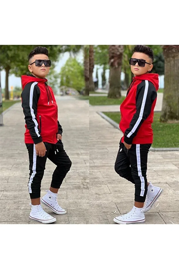 Детский спортивный костюм для мальчиков с принтом Unisex Striped Detail Hooded Kids Tracksuit Set 1903 Zaziko Kids, Красный — фото 4