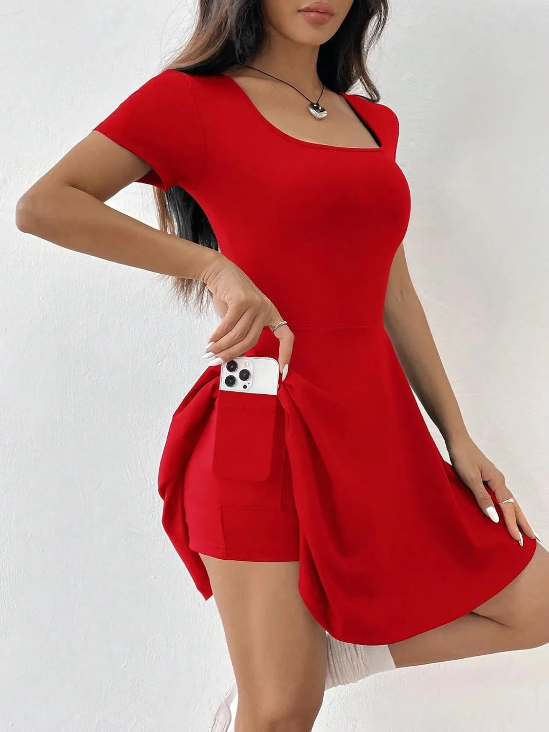 Женское мини-платье с длинным рукавом A-силуэта, Red — фото 4