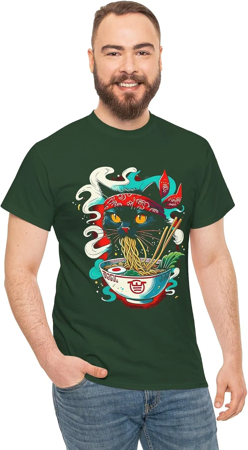 Женская футболка с принтом Ramen Cat, тёмно-зелёный — фото 4