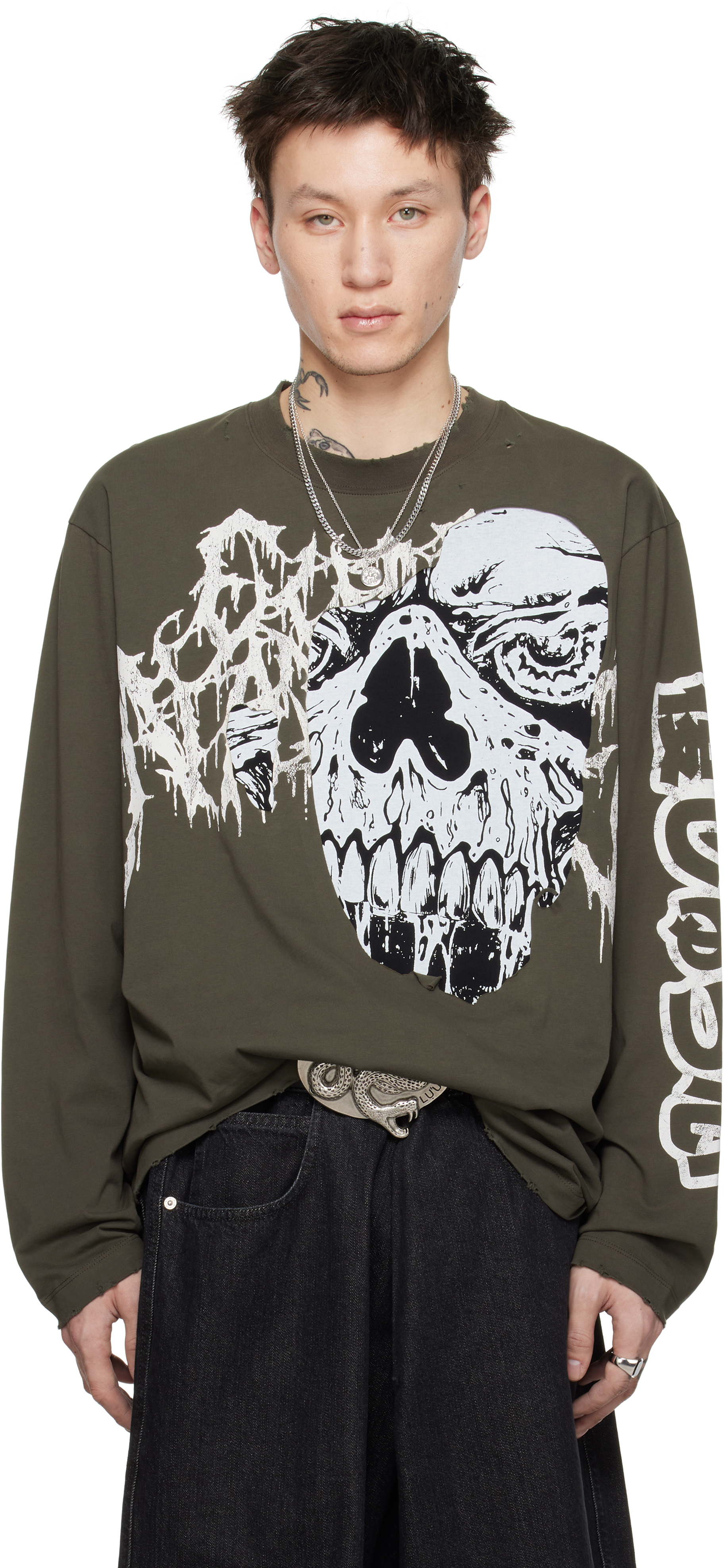 

Серая футболка с длинным рукавом LU'U DAN, Washed black/Torn fear