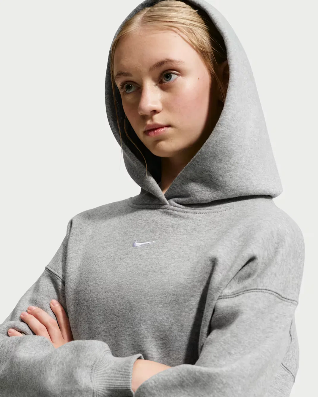 Детская толстовка с капюшоном оверсайз Nike Sportswear Studio Fleece, Dark Grey Heather/White — фото 3