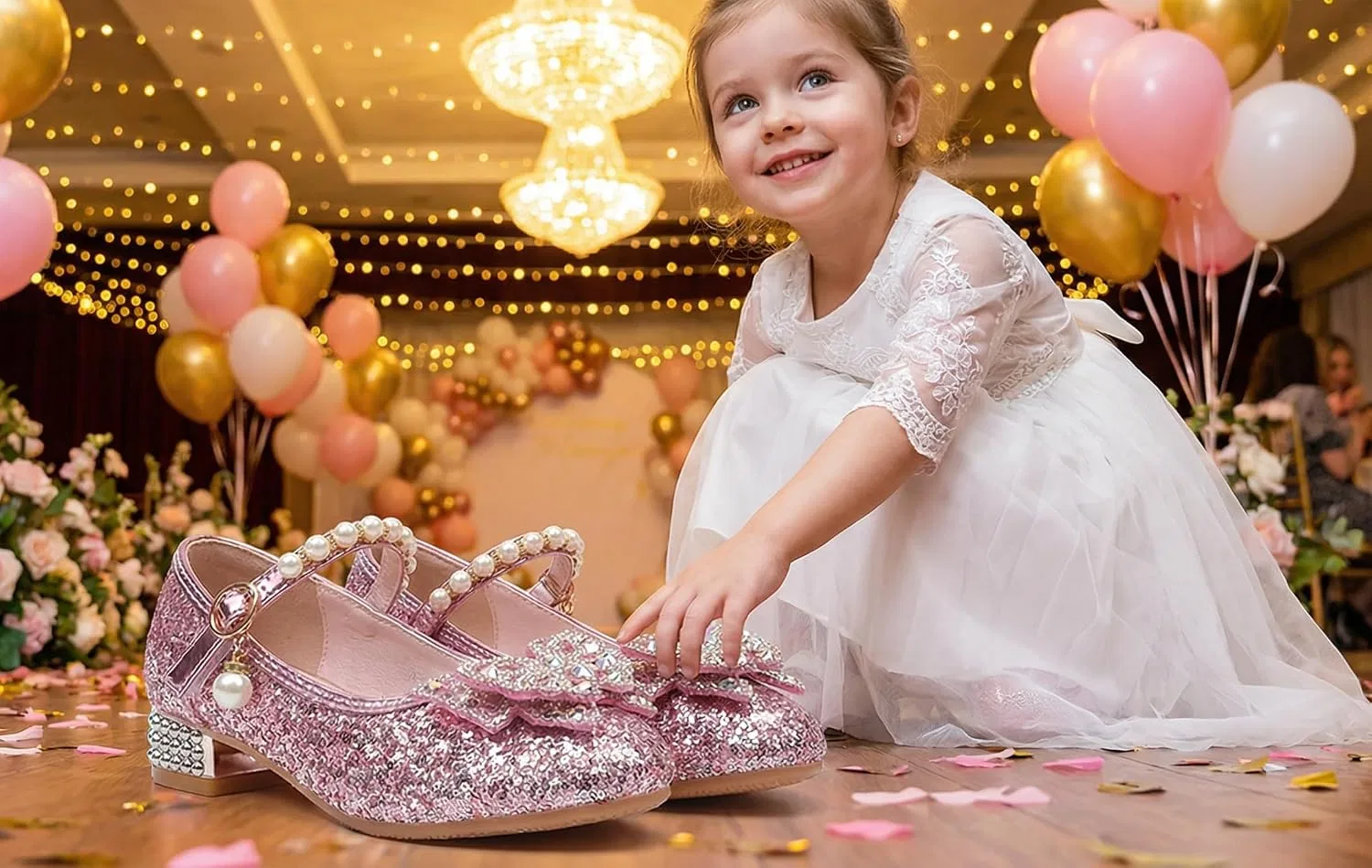 Детские туфли для девочек с блестками и цветком Mary Jane JGKDTX, Pink — фото 3