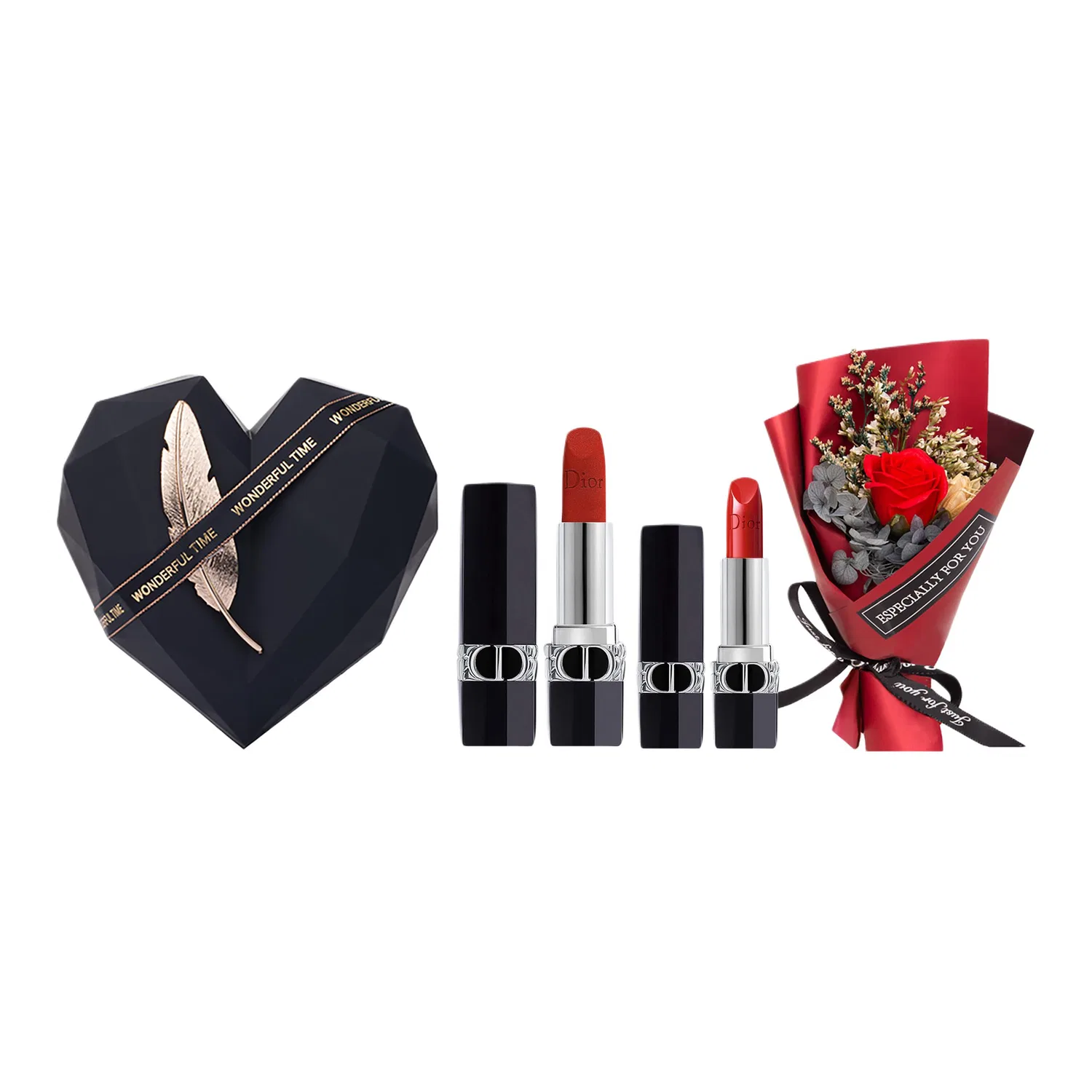 Женский набор косметики DIOR с помадой Velvet 999 и Satin 999, с розой, DIOR, Black