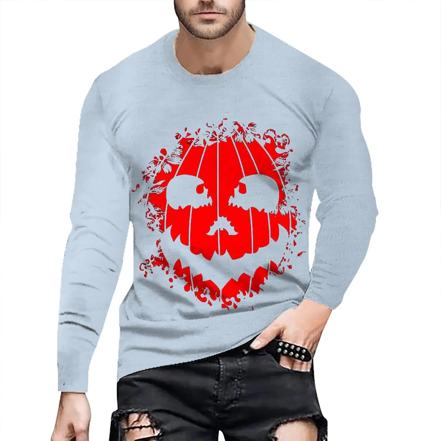 Мужская футболка с принтом тыквы Long Sleeves, Light Blue