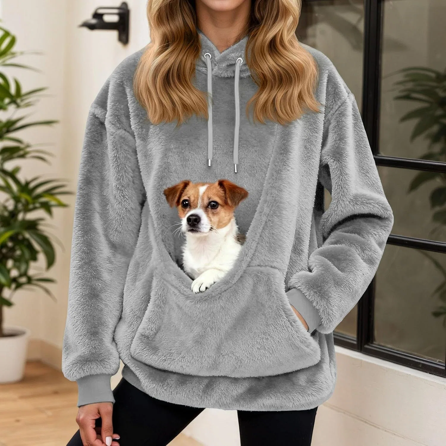 Женское худи с карманом для питомца, Fleece Oversized Sweatshirt With Pocket Front Carry Pouch For Small And Cats, Puppy Kitten Dogs Holder, серый — фото 3