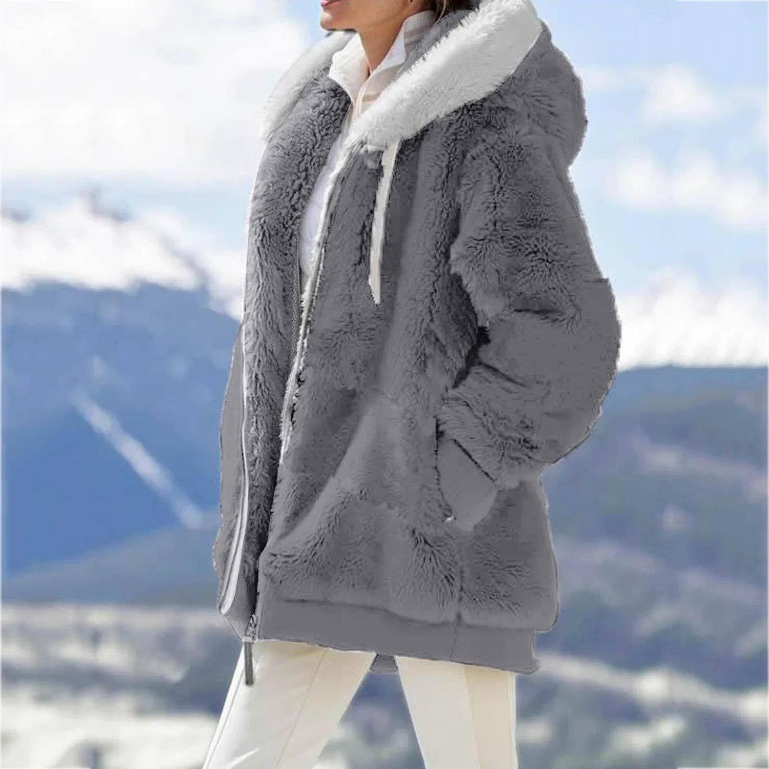 Женская флисовая куртка с капюшоном Teddy Outdoor, Grigio 2 — фото 4