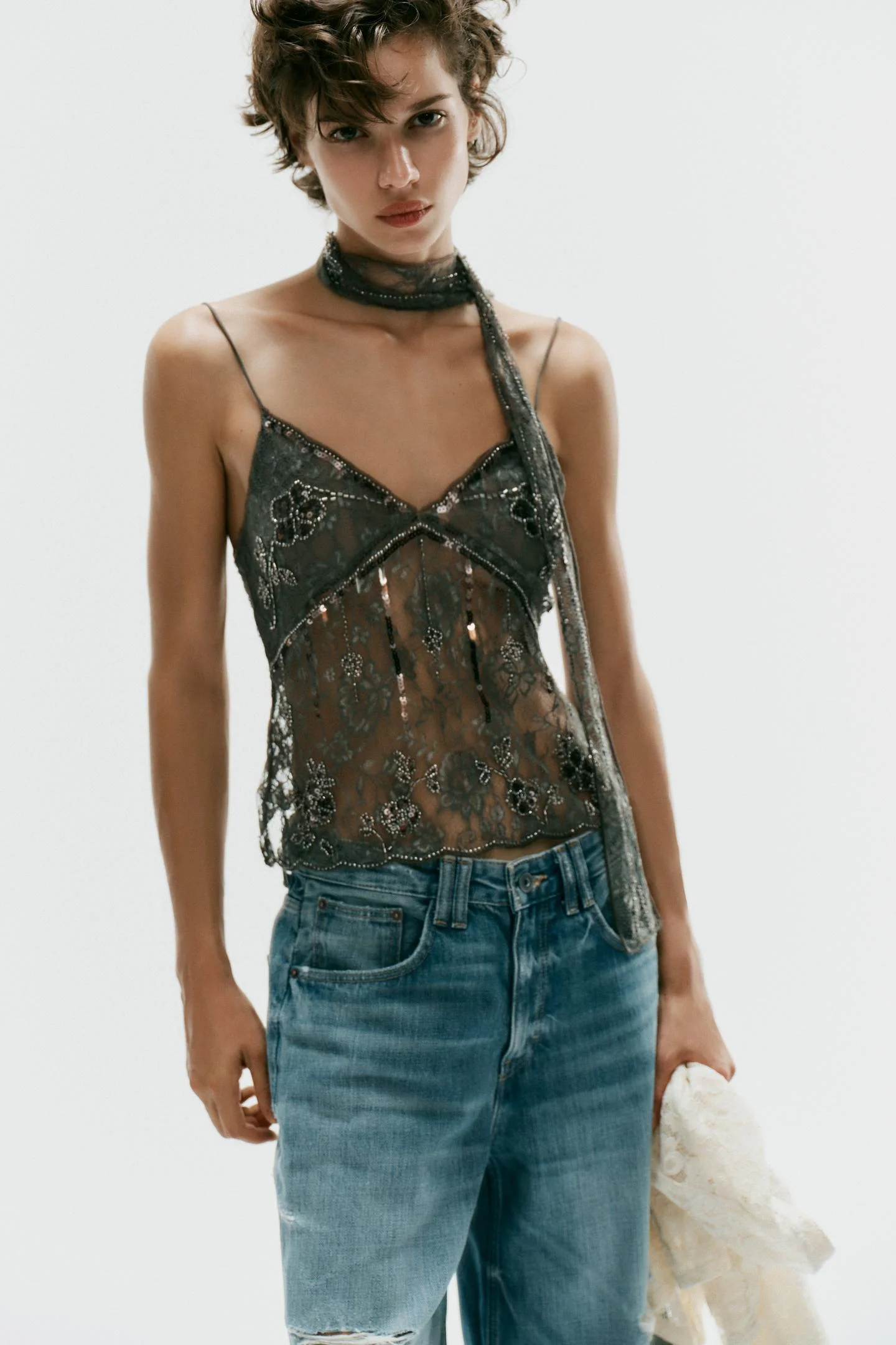 Топ Zara Encaje Bordados Con Pañuelo, серый