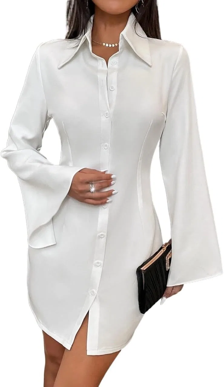 Женское мини-платье рубашка с разрезом Button, Slit, White