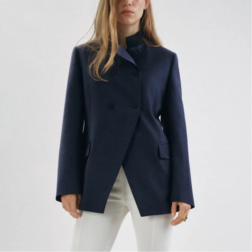 Женский деловой костюм морской синий с воротником-стойкой ZARA, Sea Blue — фото 4