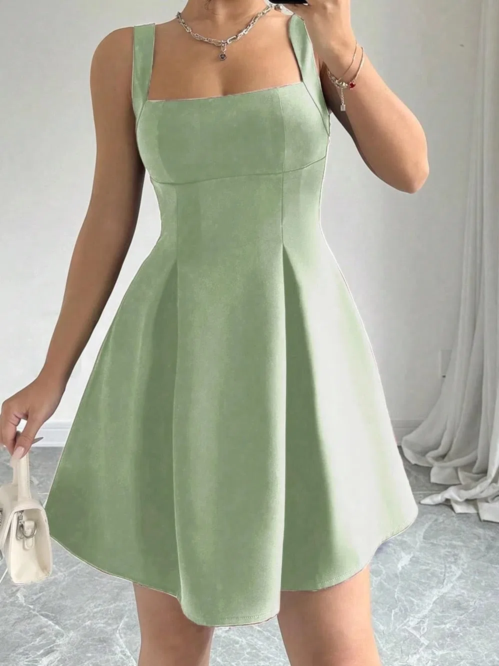 Женское A-силуэта платье-трапеция sleeveless мини, Green — фото 4