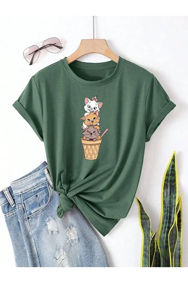 Детская футболка для девочек с принтом Cat Printed Daxis Sportwear Company, Green