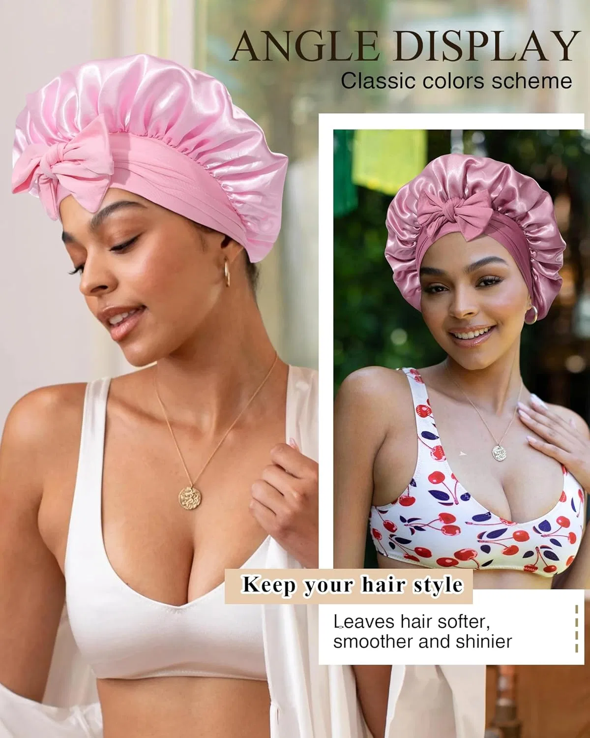 Шапочка для душа Satin Hair Cap, CHLINS, 2 шт, 35 см, Bean paste + Pink — фото 3