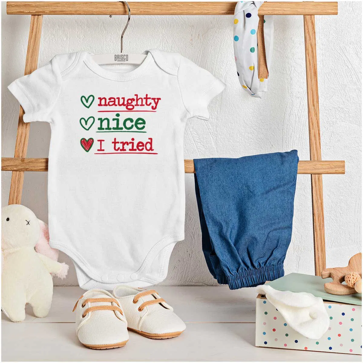 Детское боди с коротким рукавом Christmas Naught Nice I Tried Hearts Brisco Brands, White — фото 3