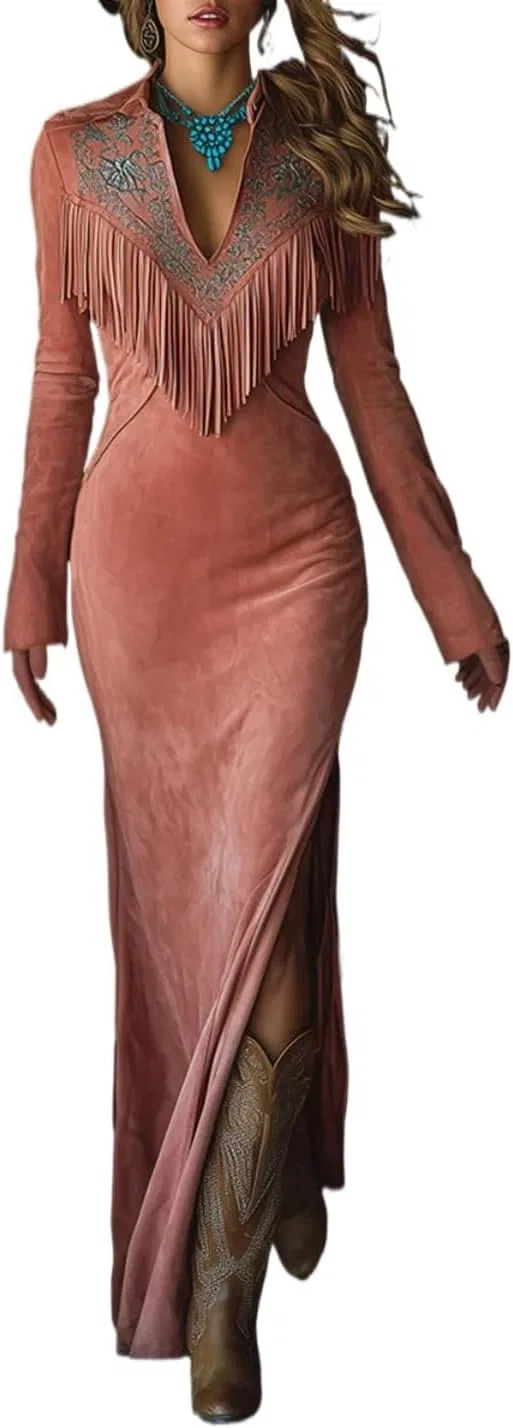 Женское прямое платье макси с бахромой Vintage, Pink