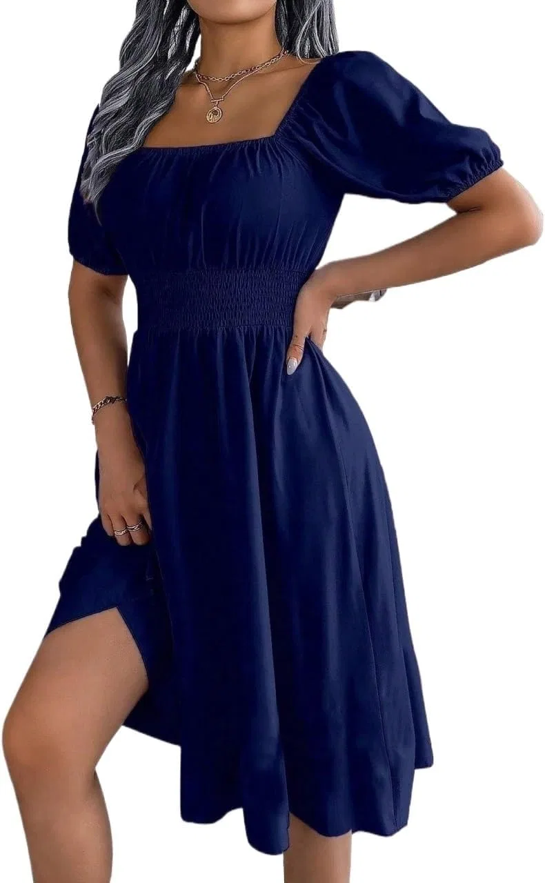 Женское платье миди с квадратным вырезом и рукавами-фонариками, Navy Blue — фото 4