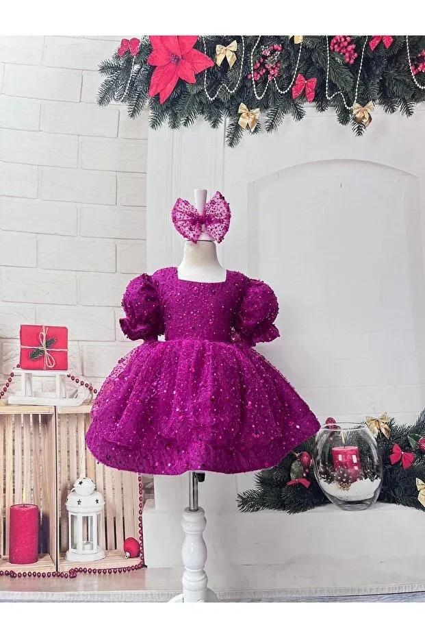 Детское платье для девочек с пайетками Fuchsia square collar sparkly sequined girls' dress evening dress Nissa, Fuchsia