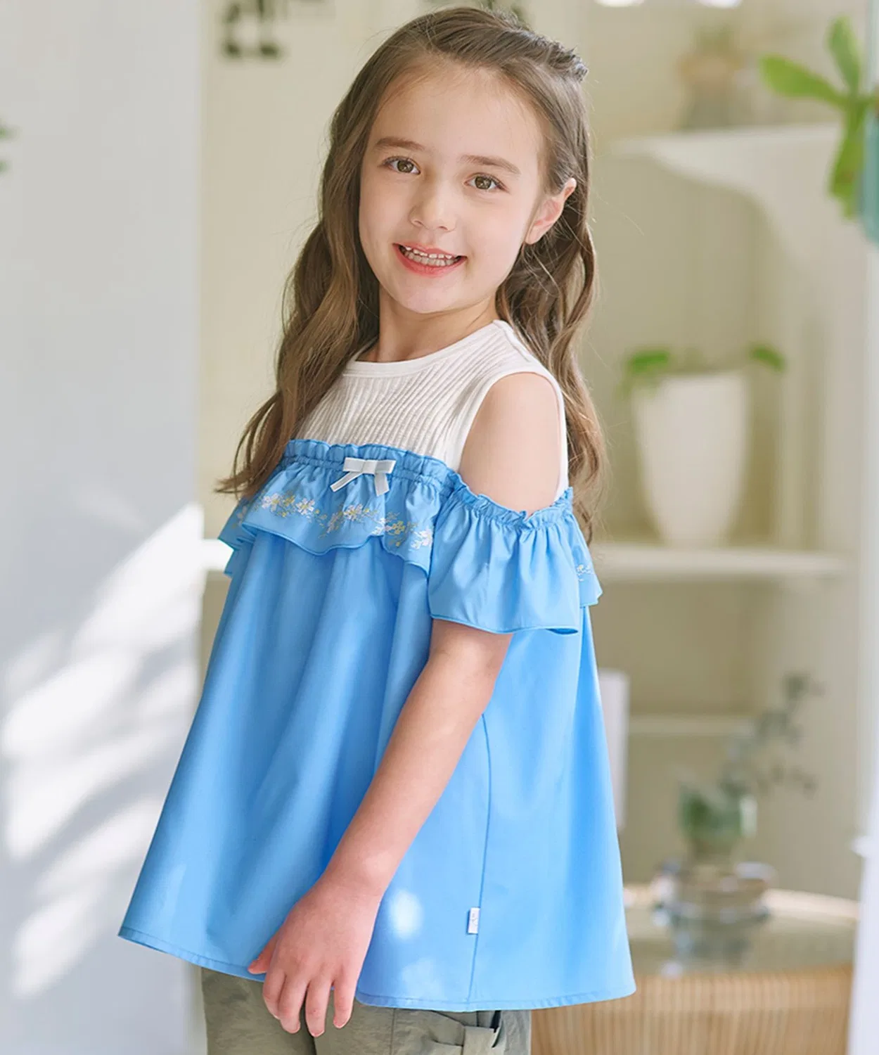 Детская туника с вырезом офф-шoulder с принтом Kumikyoku KIDS, Blue