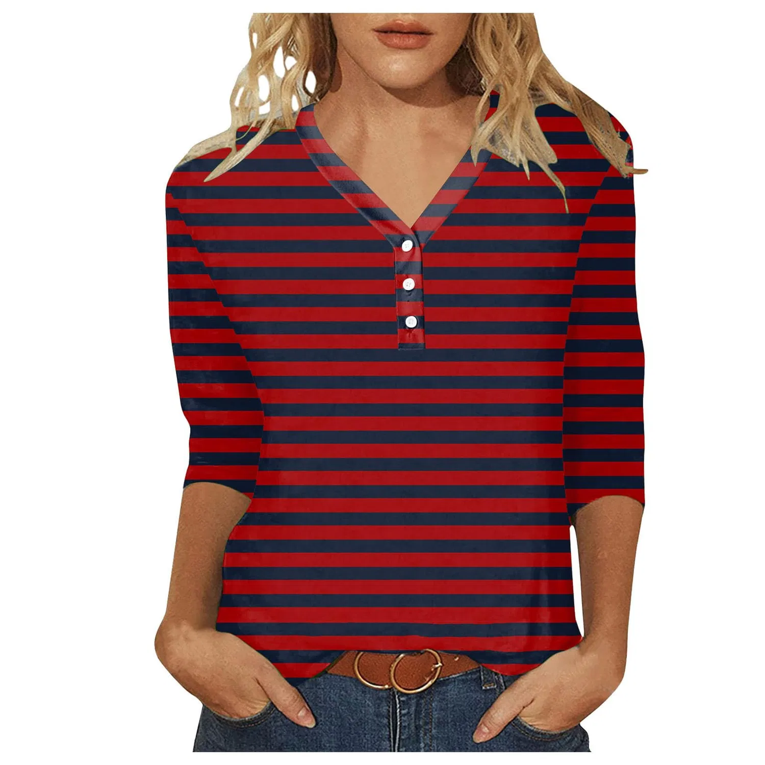 Женская футболка с принтом Plaid Shirt 3/4 Sleeves, E-red