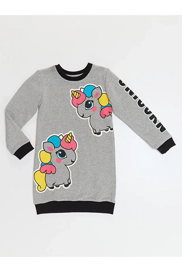 Детское платье из футера для девочек с принтом Unicorn girl Denokids, Gray — фото 3