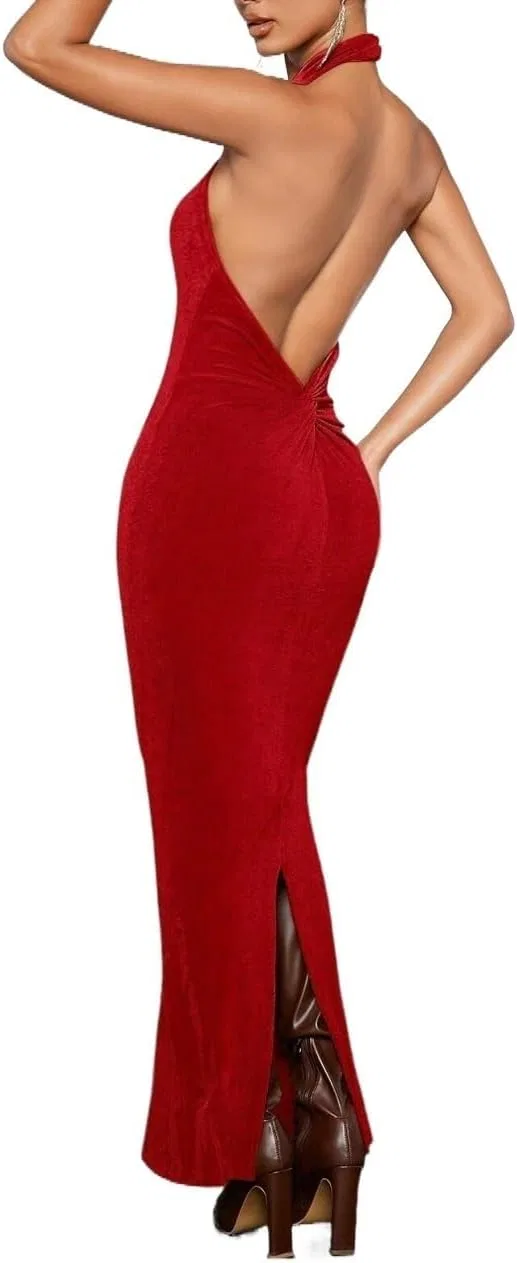 Женское макси платье на бретелях с разрезом Backless, Red