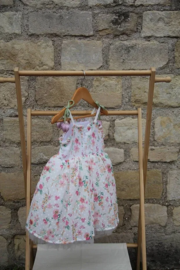 Детское платье для девочек с длинным рукавом Fleur floral patterned tulle dress Cumino, Ecru — фото 2
