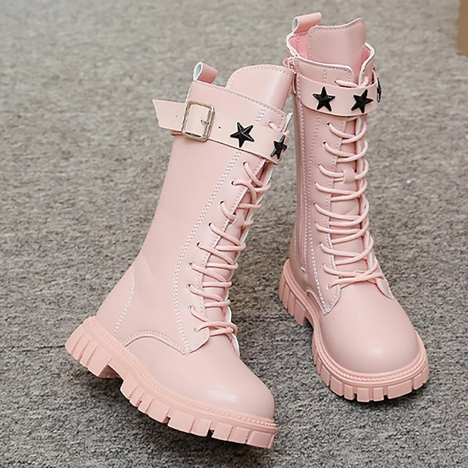 Детские ботинки для девочек на шнуровке с молнией и платформой HDGSKPP, Star Pink — фото 2