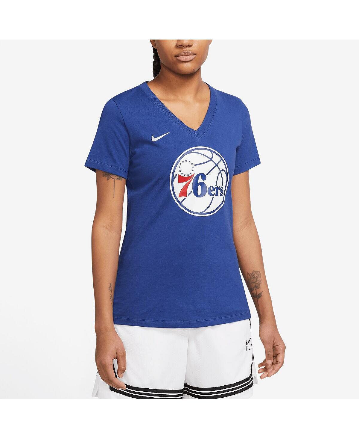 

Женская синяя футболка philadelphia 76ers 2022/23 city edition essential с v-образным вырезом Nike, синий