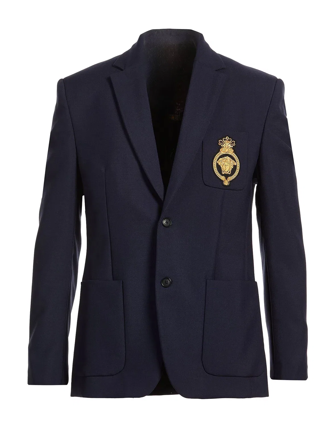 Мужской однобортный пиджак из шерсти с аппликациями Versace, темно‑синий