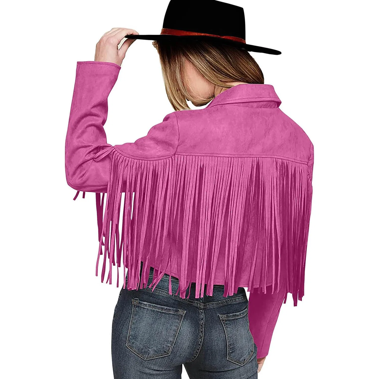 Женская куртка с бахромой из искусственной замши Faux Suede Leather Jackets with Fringes, pink warm — фото 2