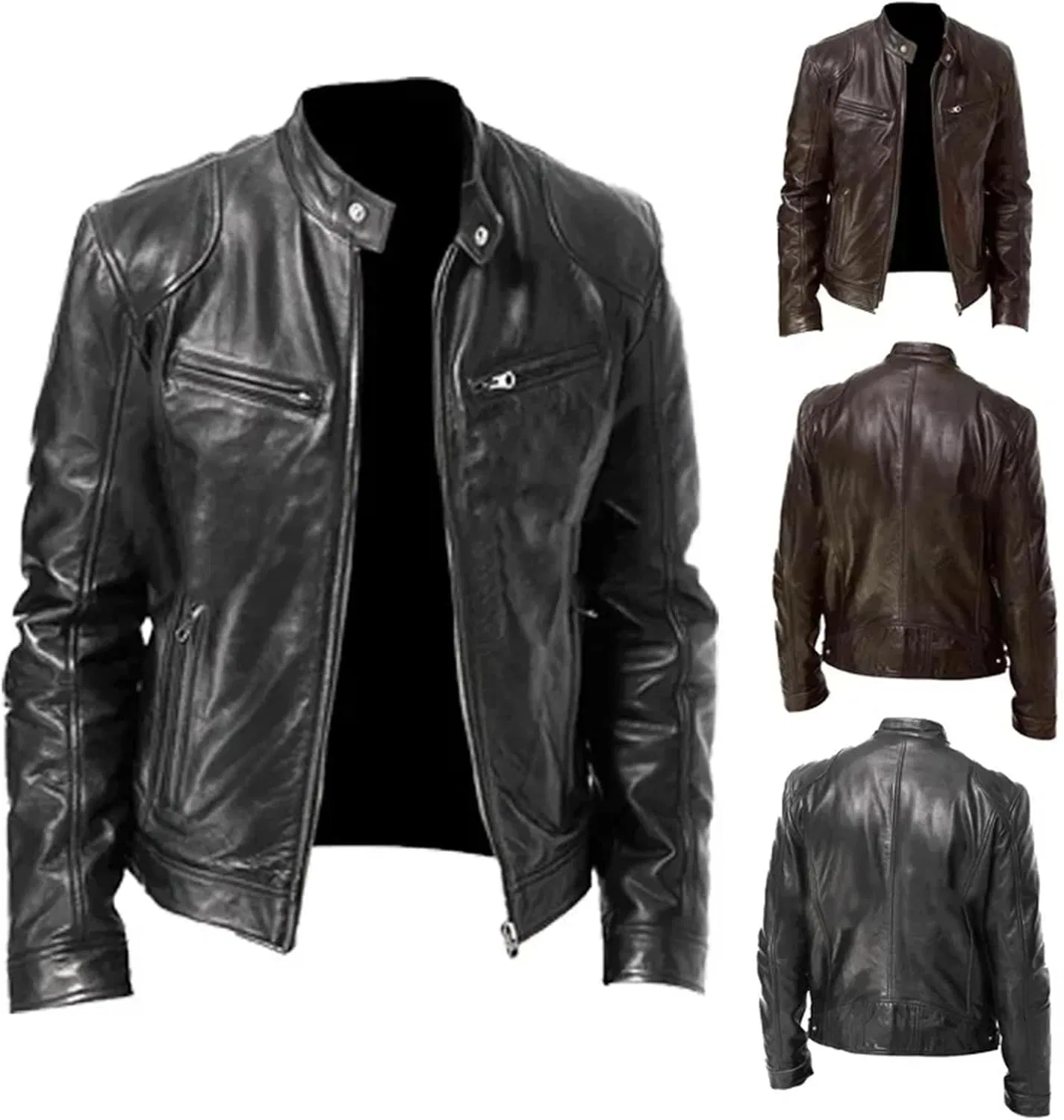 Мужская куртка из кожзама с воротником-стойкой, модель Casual Motorcycle, Khakis — фото 3