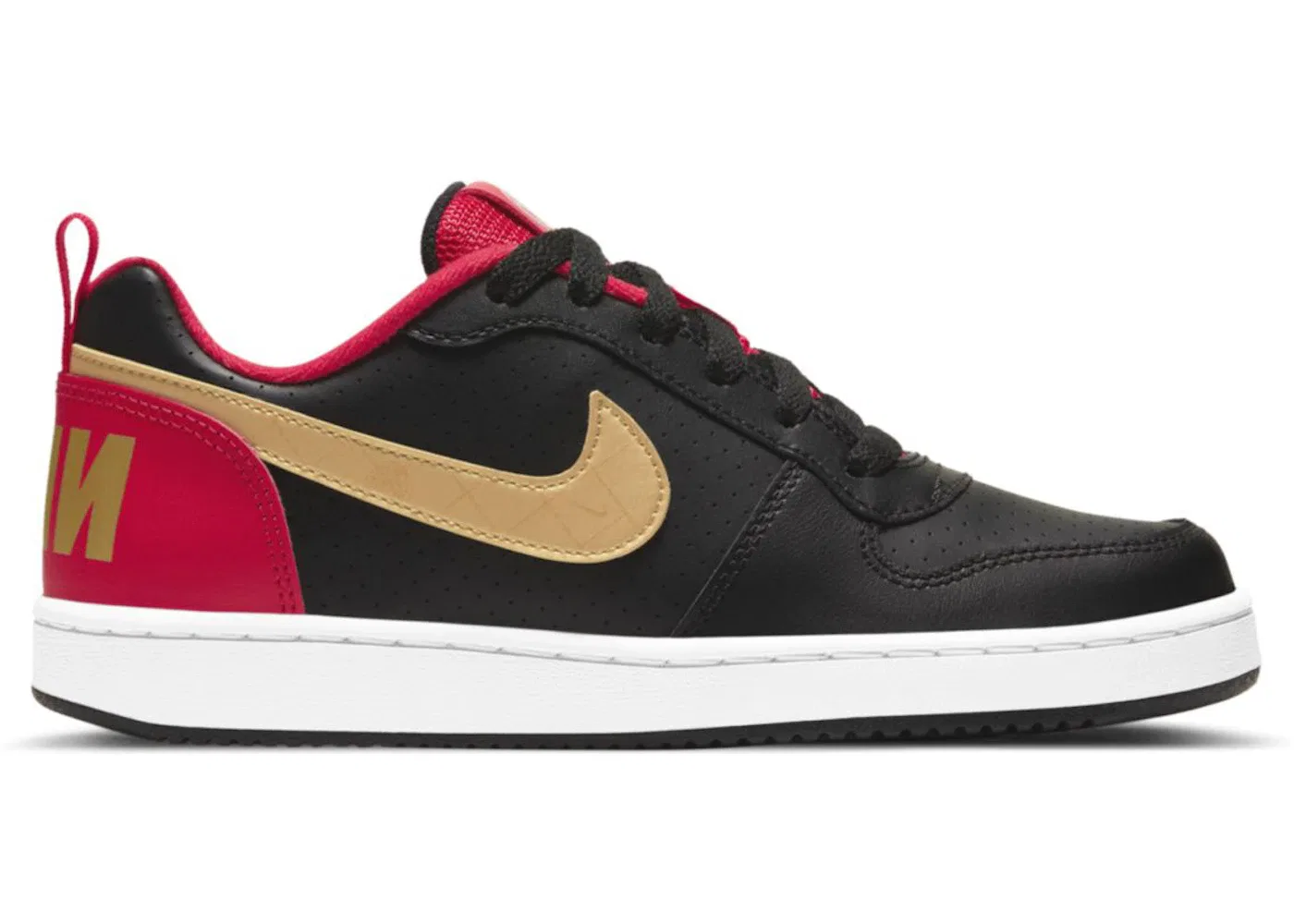 Детские кроссовки для мальчиков с кожаным верхом Nike Court Borough Low, Черный/Белый/Университетский Красный/Met Element Gold
