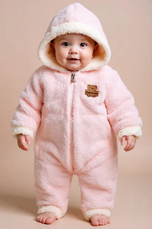 Детский комбинезон для новорожденных из плюша с капюшоном Wellsoft hooded zippered winter baby romper Generic Brands, Pink