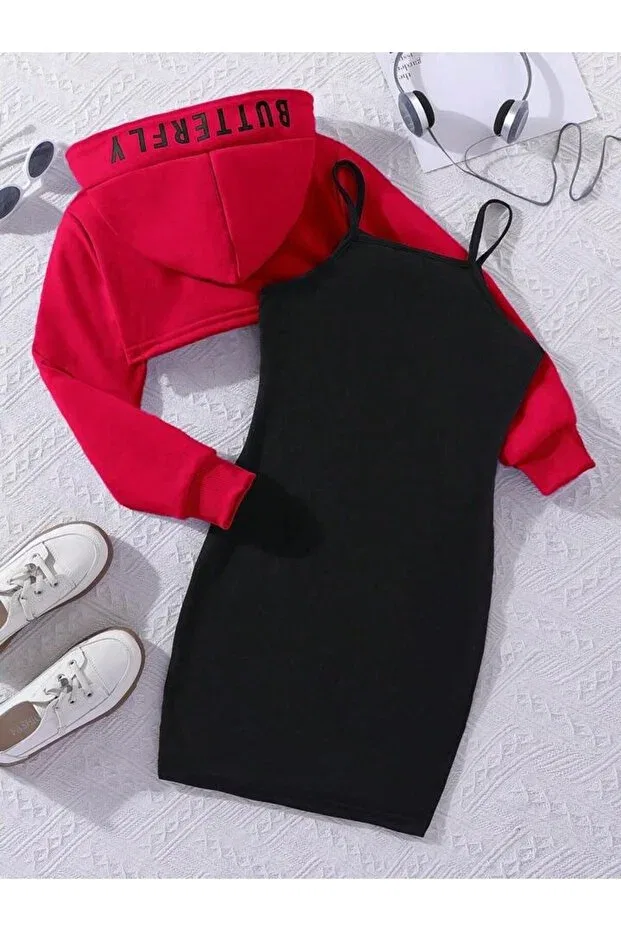 Детский комплект платье с принтом и укороченный свитшот Child Butterfly Printed Dress Machetta, Red-Black — фото 2