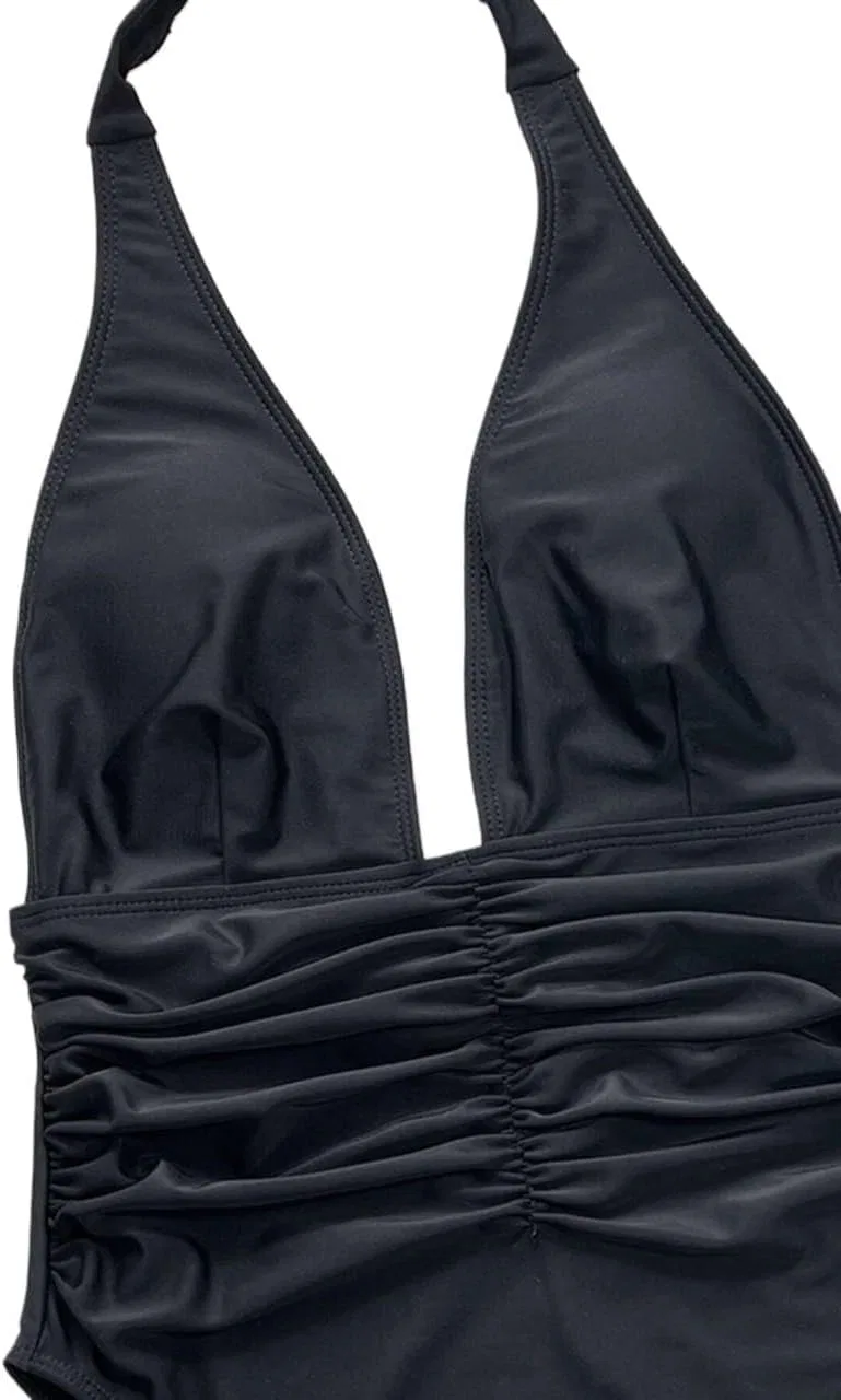 Женский слитный купальник с открытой спиной и драпировкой, Black — фото 4