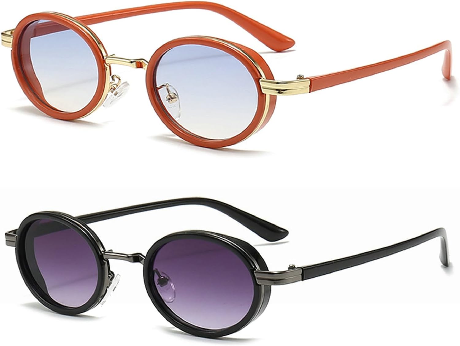 

Маленькие овальные панк-солнцезащитные очки для мужчин, винтажные, полуметаллические, женские, градиентные, UV400, голубые, чайные солнцезащитные очки mincl, 2pcs-gray&orange