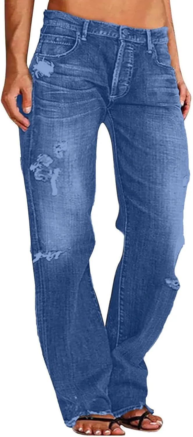 

Женские джинсы прямого кроя с низкой посадкой и потертостями