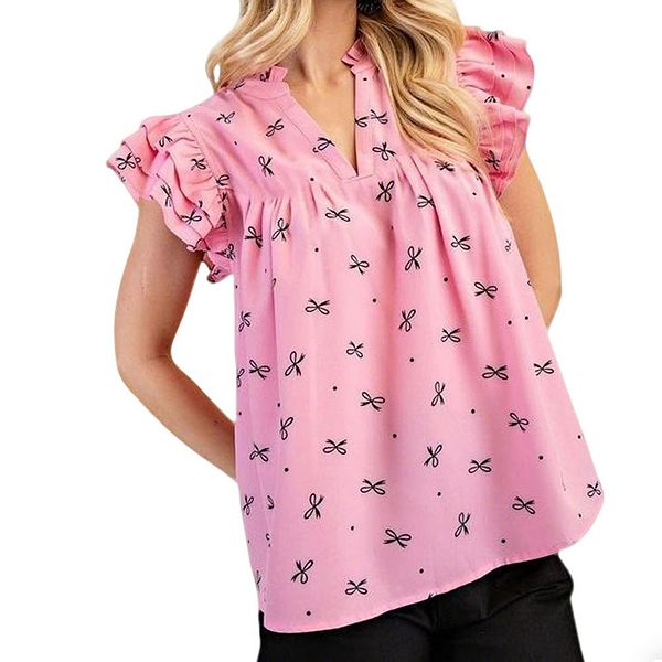 

Женская блузка с v-образным вырезом и коротким рукавом в летнем принте Clearflower, Pink