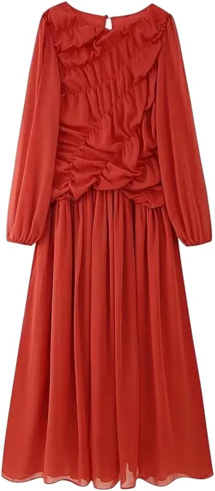 Женское платье свободное с сетчатыми складками, Red