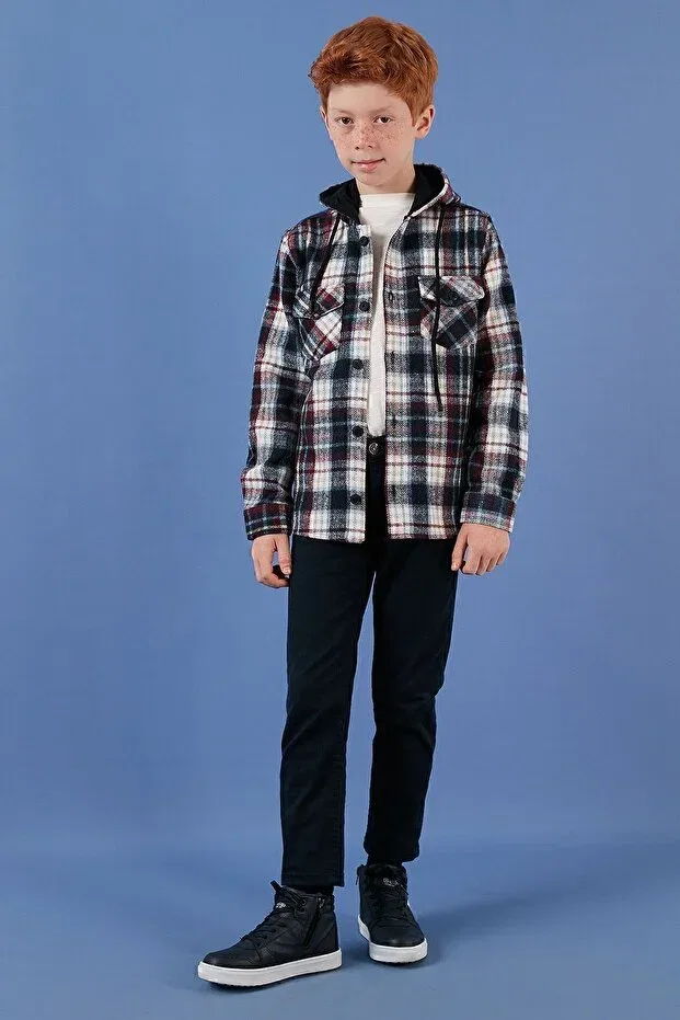 Детская рубашка для мальчиков с капюшоном Plaid Hooded Winter Lumberjack Shirt With Pockets Lela, Navy Blue — фото 3
