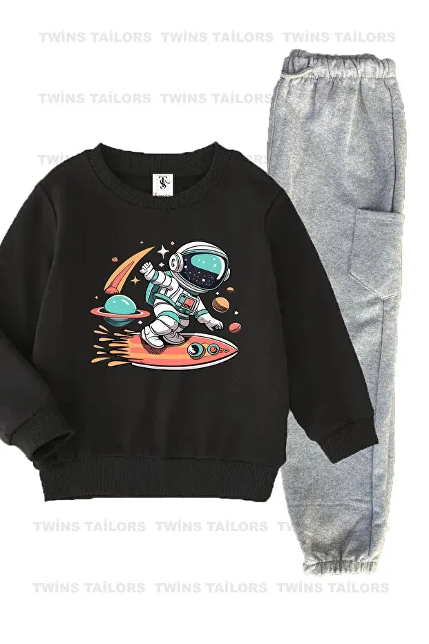 Детский спортивный костюм для девочек с принтом Astronaut and dinosaur Twins Tailors, Черный — фото 2
