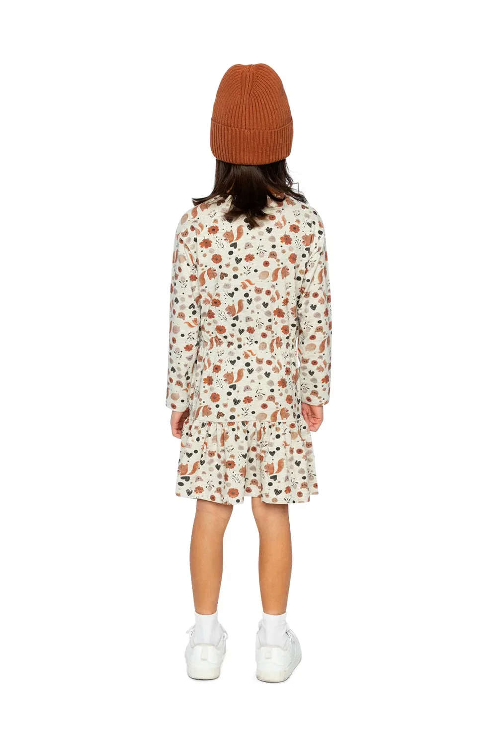 Детское платье для девочек с длинным рукавом с принтом Black Caramel Deux par Deux, Beige With Squirrel Print — фото 4