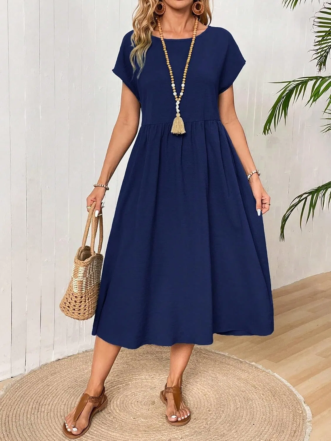 Женское повседневное платье миди А-силуэта с коротким рукавом, Navy Blue — фото 2