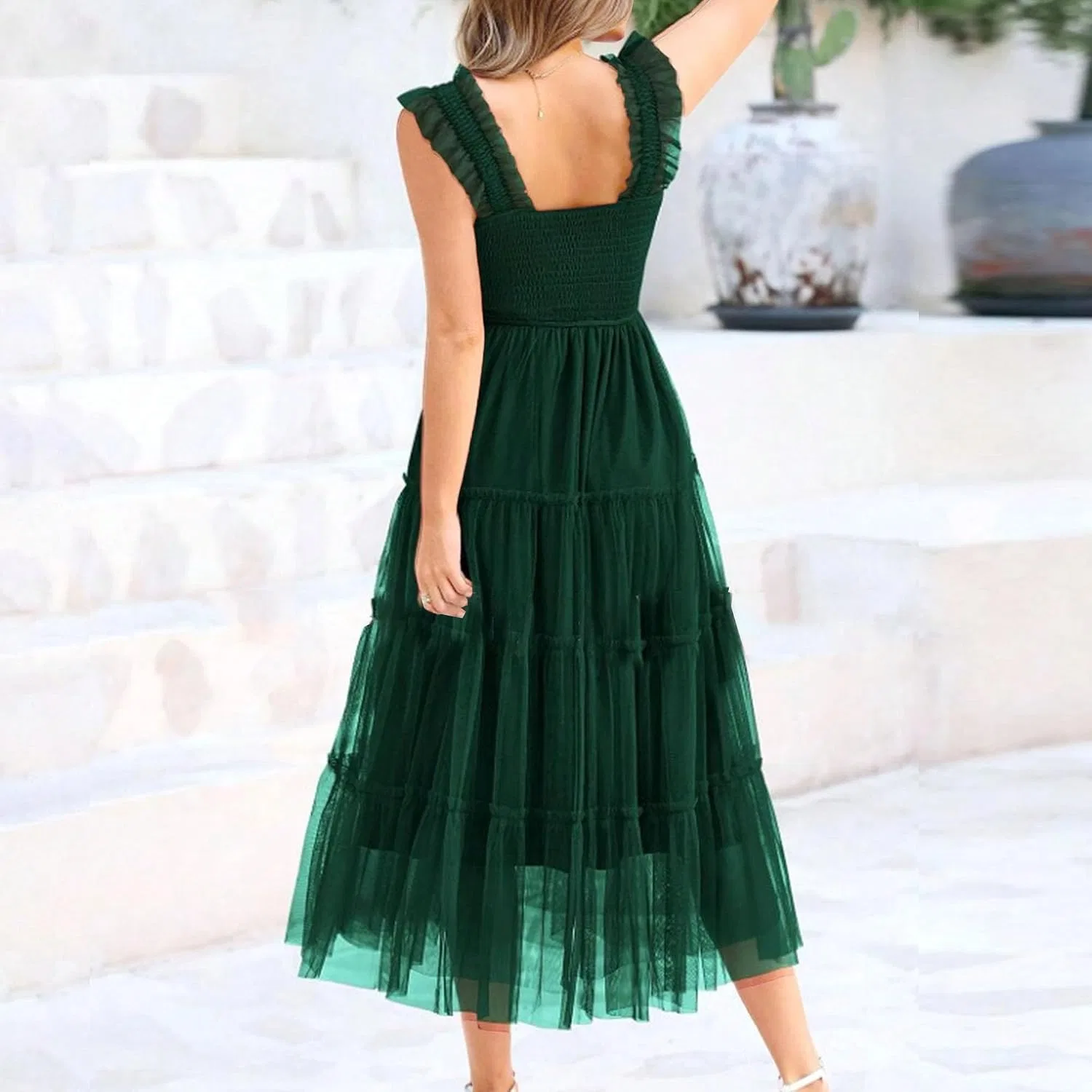 Женское летнее платье миди с воланами Smocked Tulle Sundress, Dark Green — фото 2