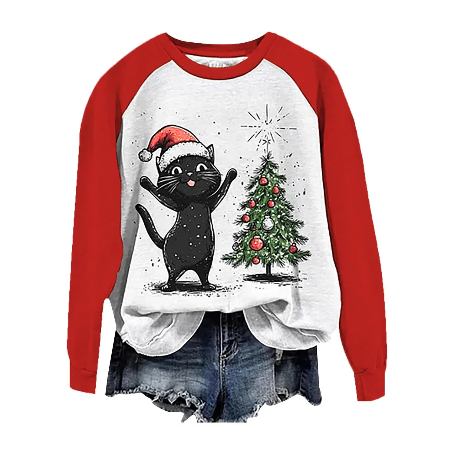 Женский свитшот с принтом Christmas Tree Funny Cat Say What Woman Pullover, Z12 Red — фото 3