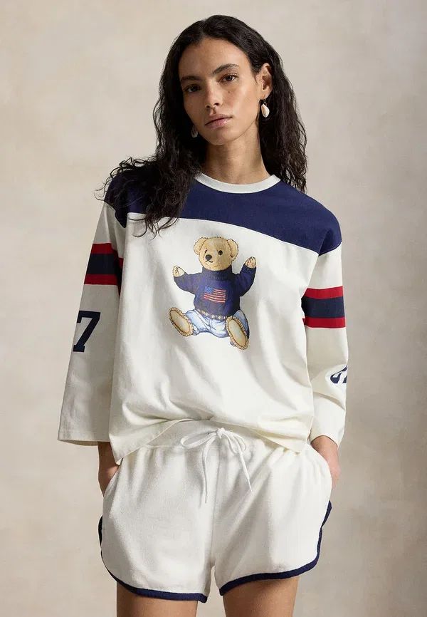 Футболка хлопковая Polo bear cotton jersey tee, Polo Ralph Lauren, Warm White, Newport Navy, белый/темно-синий