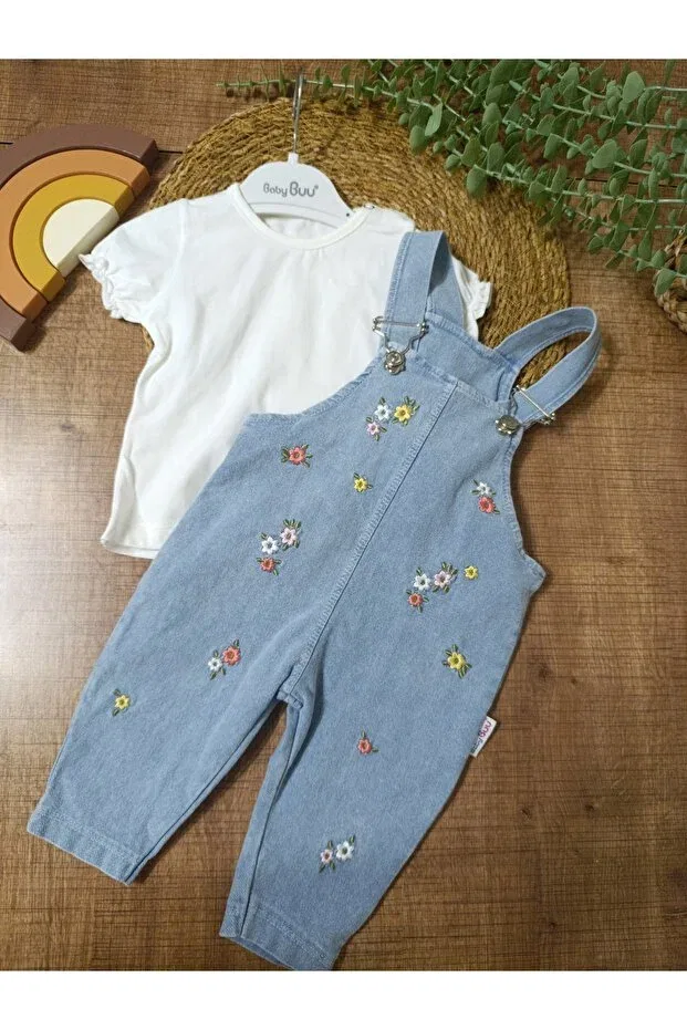 Детский комбинезон для девочек джинсовый с принтом Floral Embroidered Denim Jeans Baby Girl Salopet Set Gardener Holiday Set Baby Buu, Blue — фото 3