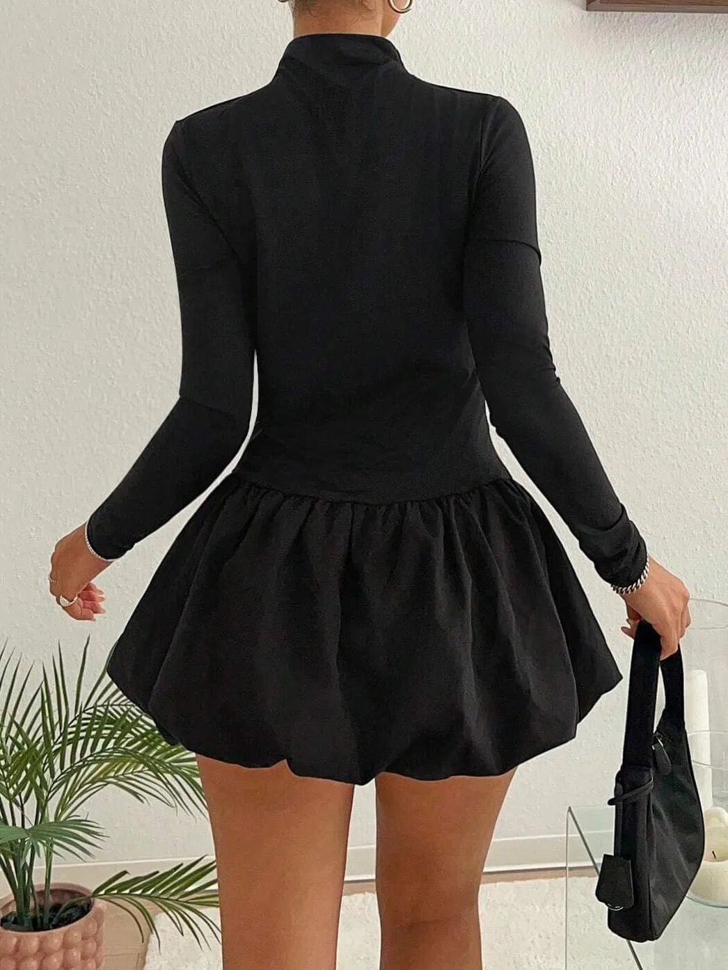 Женское мини-платье А-силуэта с воротником-стойкой, Black — фото 3