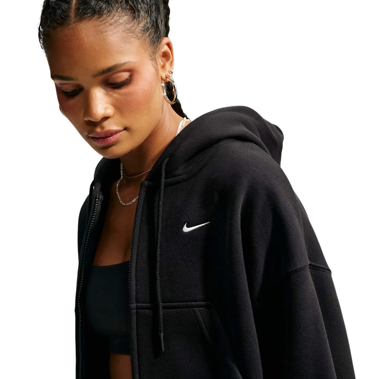 Женский укороченный худи с молнией Studio Fleece Nike, Total Black Sail — фото 3
