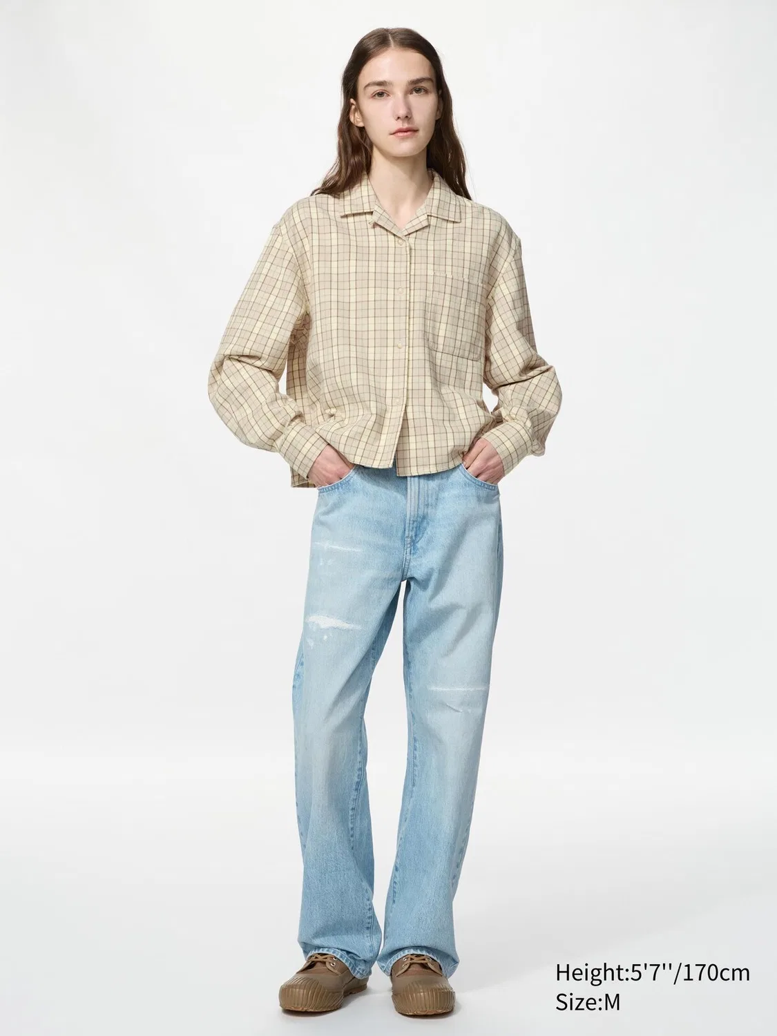 Рубашка фланелевая Uniqlo, свободный крой, бежевый — фото 2