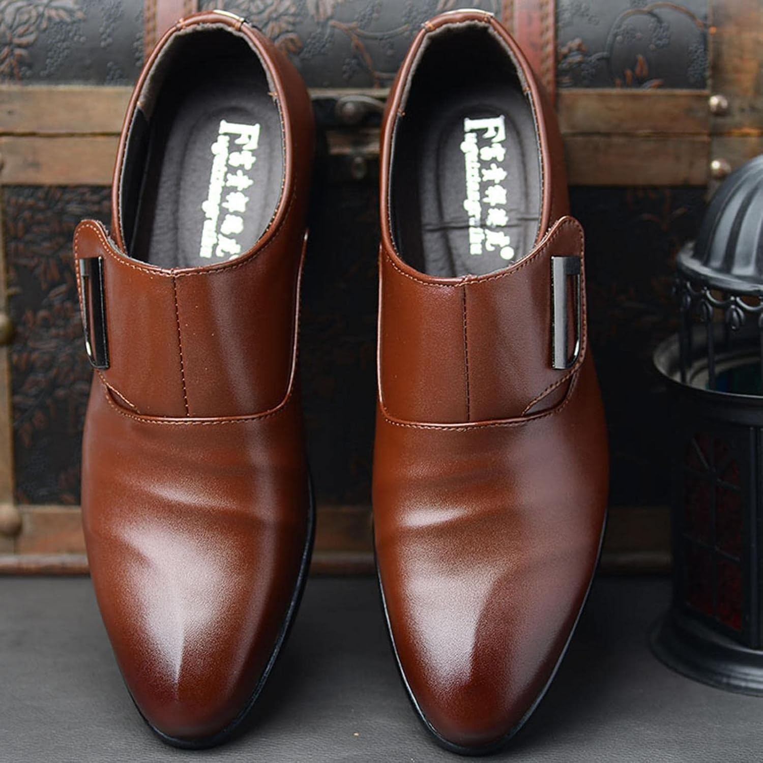 Мужские туфли Hbeylia Dressy Oxford, модные повседневные, простой стиль, кожаные, с заостренным носком, ботильоны до щиколотки, на подкладке, с пряжкой, формальные, для офиса, зимние и осенние, с крыльями, для свадеб и работы, коричневый — фото 3